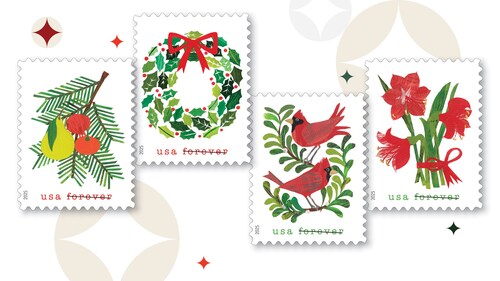 Holiday Cheer Forever stamps featuring a holly wreath, amaryllis flowers, cardinals, and evergreen branch with fruit, issued by USPS for the 2025 holiday season.
