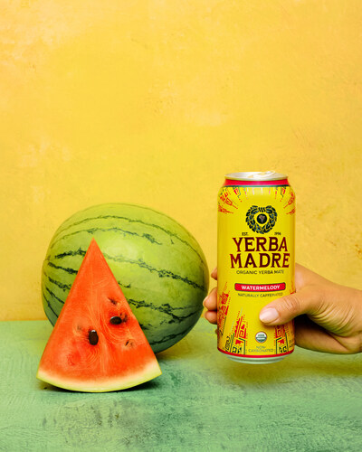 Yerba Madre’s new Watermelody seasonal flavor in iconic yellow can with watermelon and hibiscus accents.