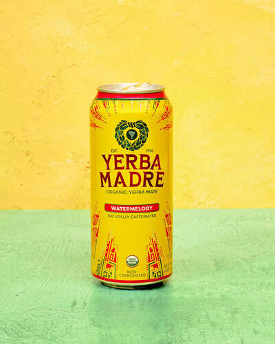 Yerba Madre’s new Watermelody seasonal flavor in iconic yellow can with watermelon and hibiscus accents.