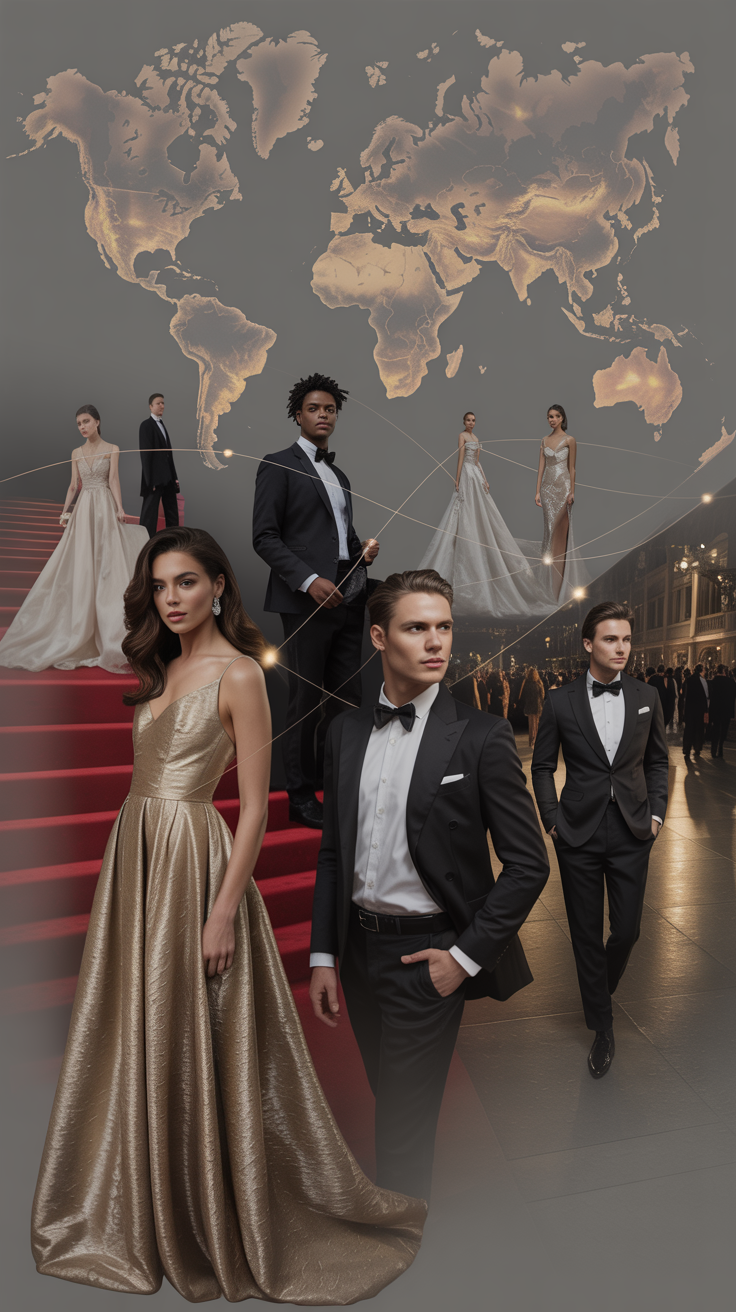 Editorial-style collage of diverse people in elegant attire at cultural events, luxury galas, and red carpets, overlaid with faint world map graphics, high-fashion magazine aesthetic
