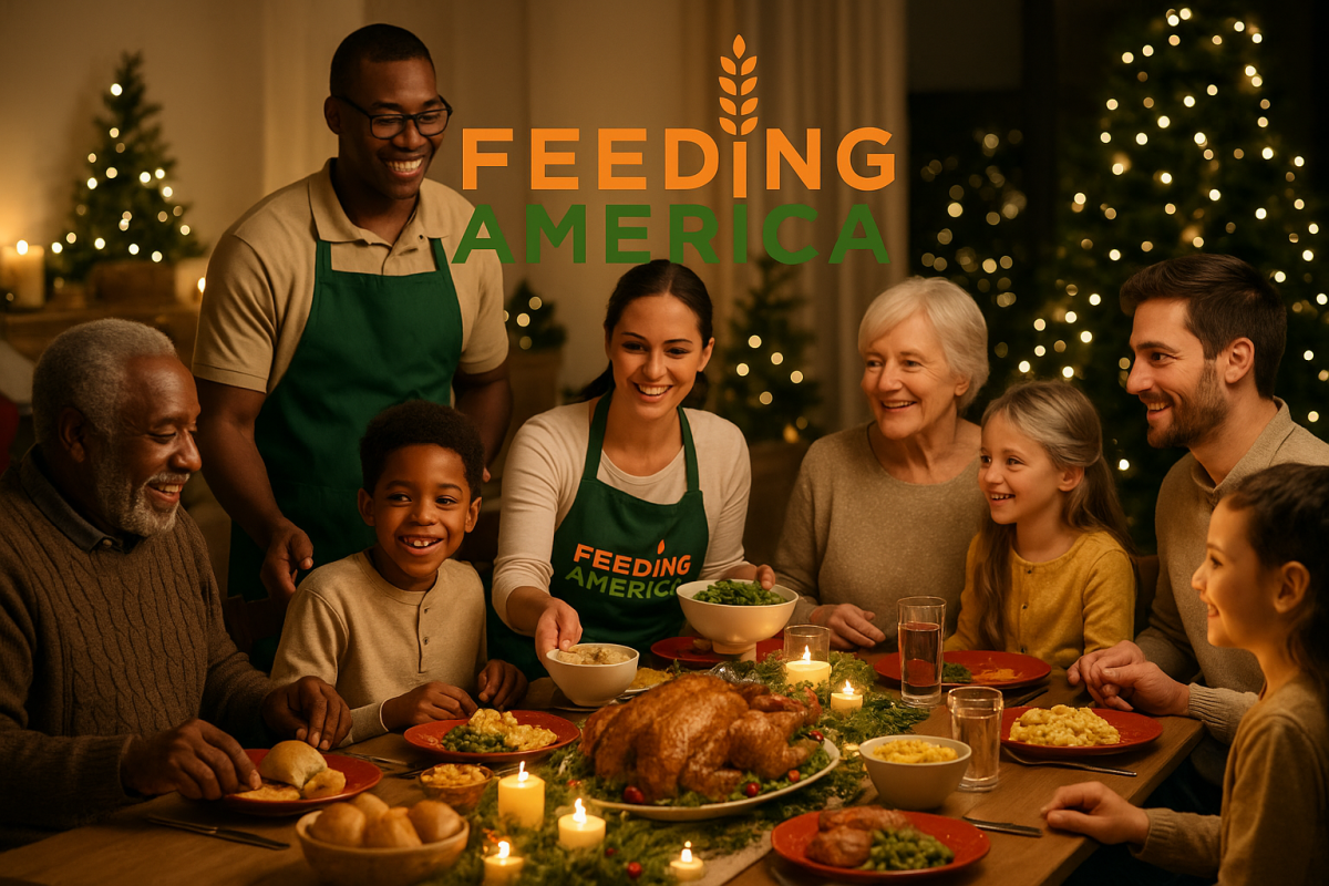 A diverse, multi-generational family gathered around a festive holiday dinner table, smiling and sharing a meal while Feeding America volunteers serve food, with the Feeding America logo displayed above the scene.