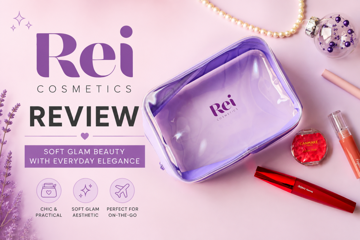 Rei Cosmetics lavender transparent cosmetic bag with beauty products on a pastel pink background