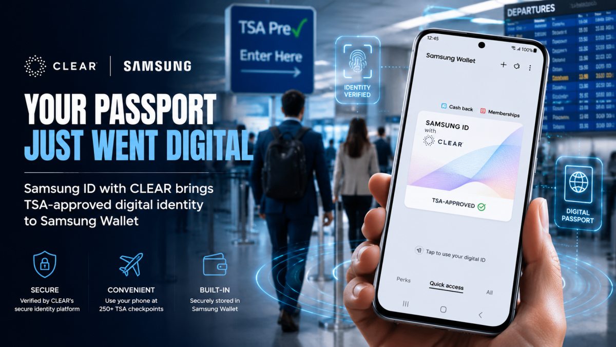 Samsung smartphone displaying Samsung Wallet with Samsung ID powered by CLEAR for digital passport verification and airport travel.