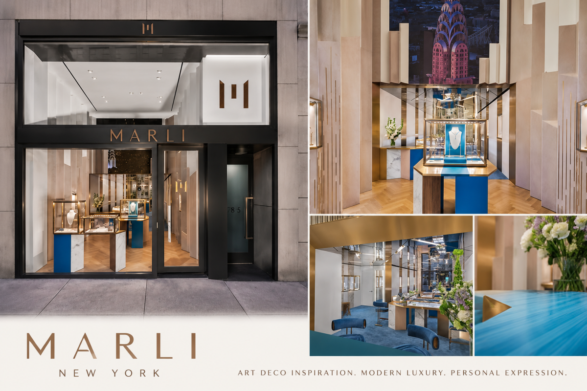 Exterior and interior views of the MARLI New York Madison Avenue flagship boutique featuring Art Deco-inspired luxury design and fine jewelry displays.
