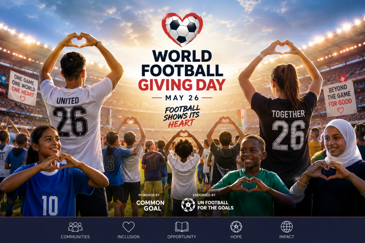 Diverse football fans and players making heart gestures in a stadium for World Football Giving Day campaign ahead of the 2026 FIFA World Cup