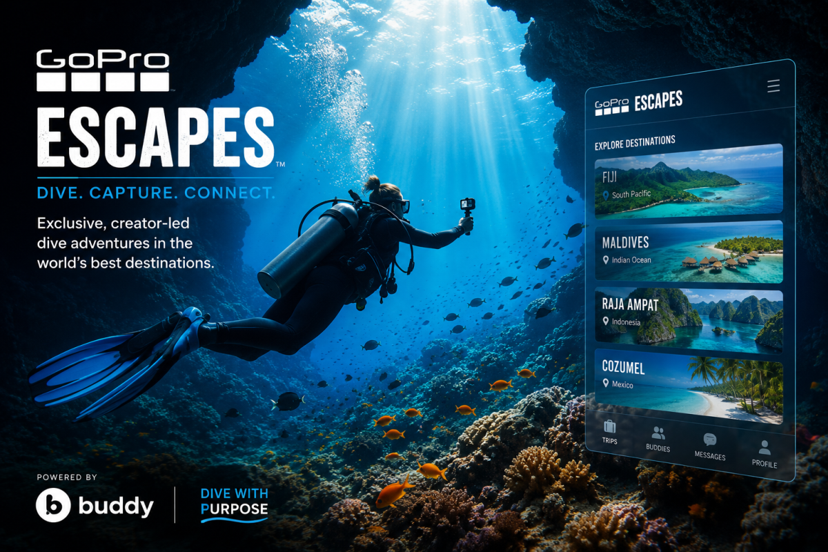 GoPro Escapes booking platform featuring underwater diver exploring a blue ocean cavern with travel and scuba adventure branding.