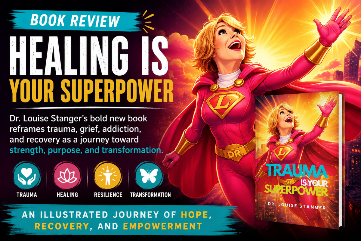 Trauma Is Your Superpower by Dr. Louise Stanger featuring a superhero-inspired illustrated woman reaching toward the sky