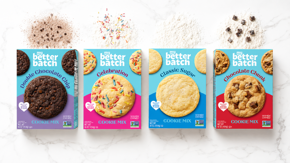 Four My Better Batch cookie mix boxes in Double Chocolate Chip, Celebration, Classic Sugar and Chocolate Chunk flavors