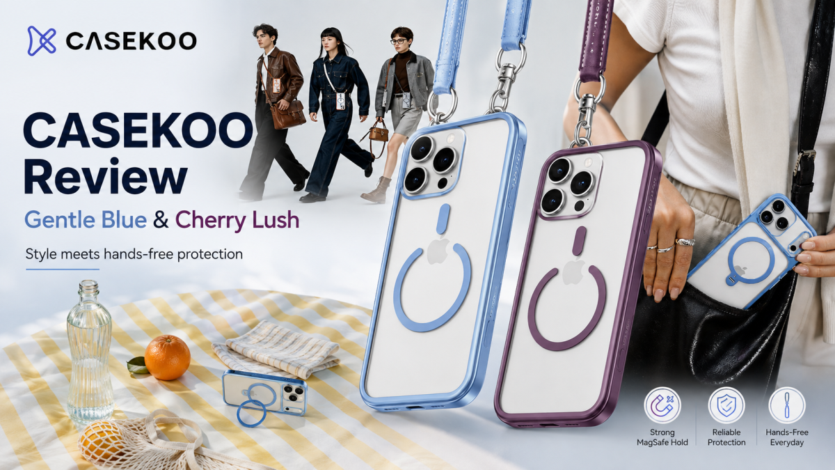 CASEKOO Gentle Blue iPhone case styled as a hands-free fashion accessory with a colorful crossbody strap