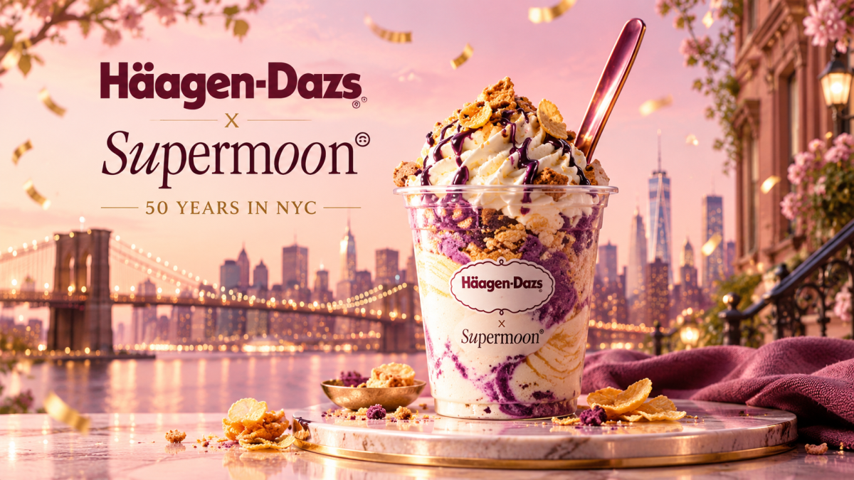 Häagen-Dazs and Supermoon Bakehouse Ube, Vanilla & Cornflake Cookie Dazzler with purple ube glaze, whipped cream, and crunchy cookie toppings against a pink background.