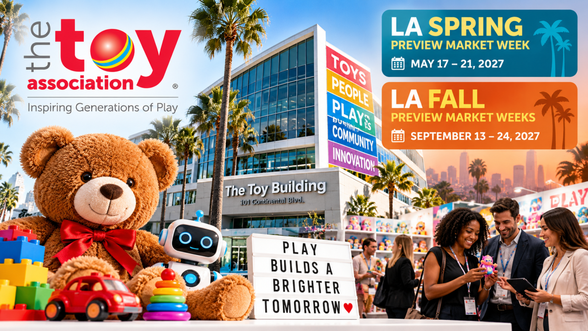 Colorful editorial illustration promoting The Toy Association's 2027 LA Spring and Fall Preview Market Weeks, featuring toys, industry professionals, and event dates.
