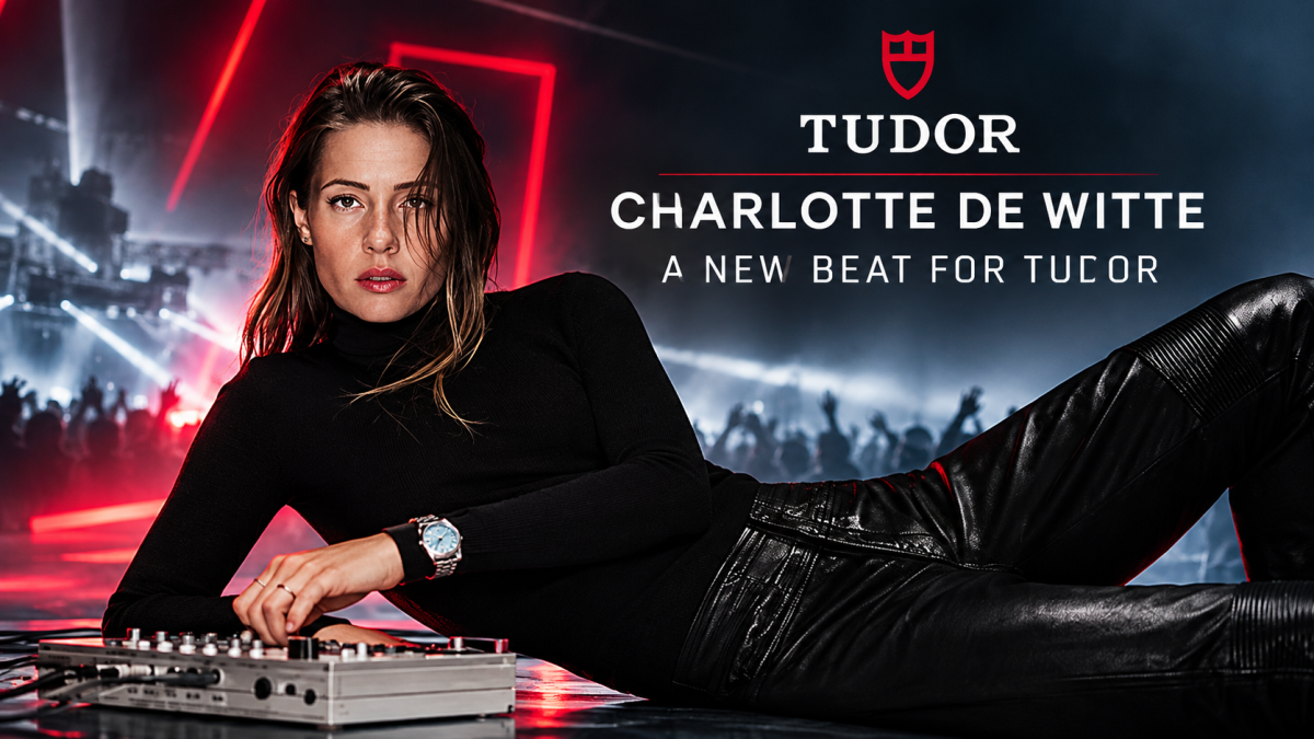 Charlotte de Witte featured in a TUDOR-inspired promotional graphic celebrating her Born to Dare partnership