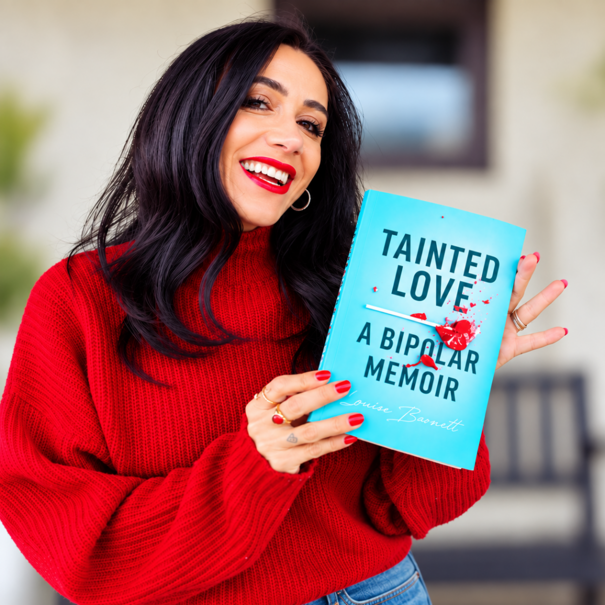 Author Louise Barnett smiling in a red sweater while holding her book Tainted Love: A Bipolar Memoir.
