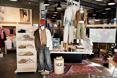 Urban Outfitters UGG On Rotation retail installation featuring mannequins, UGG footwear displays, and fall fashion merchandise.