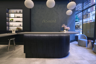 Interior of BeSound's New York City flagship breast screening center in Manhattan's Flatiron District, featuring its modern reception area.